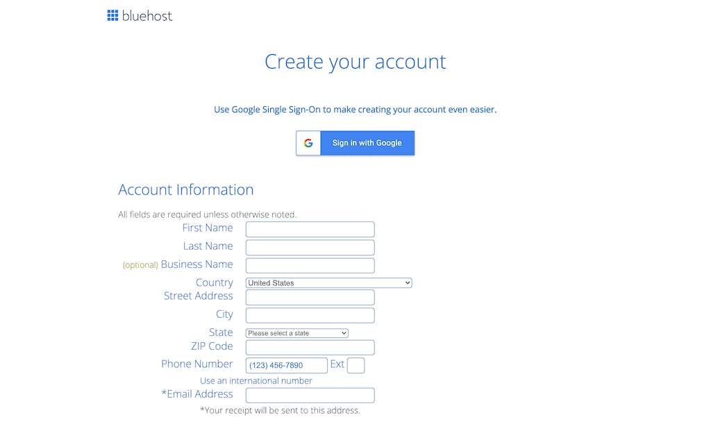Bluehost account Information