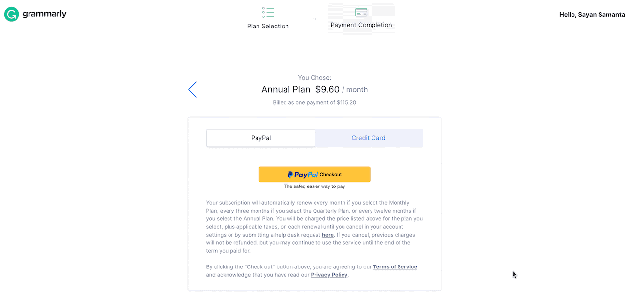 Grammarly Checkout payment option