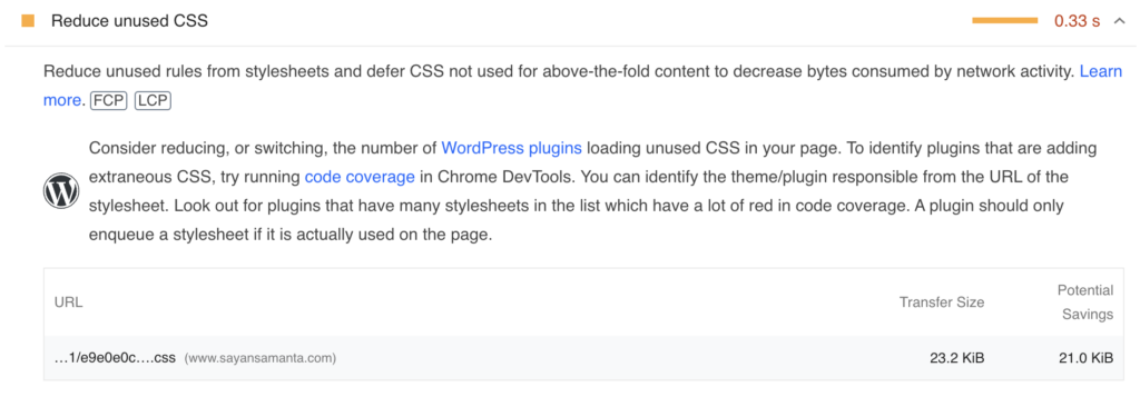 unused CSS error on pagespeed insights