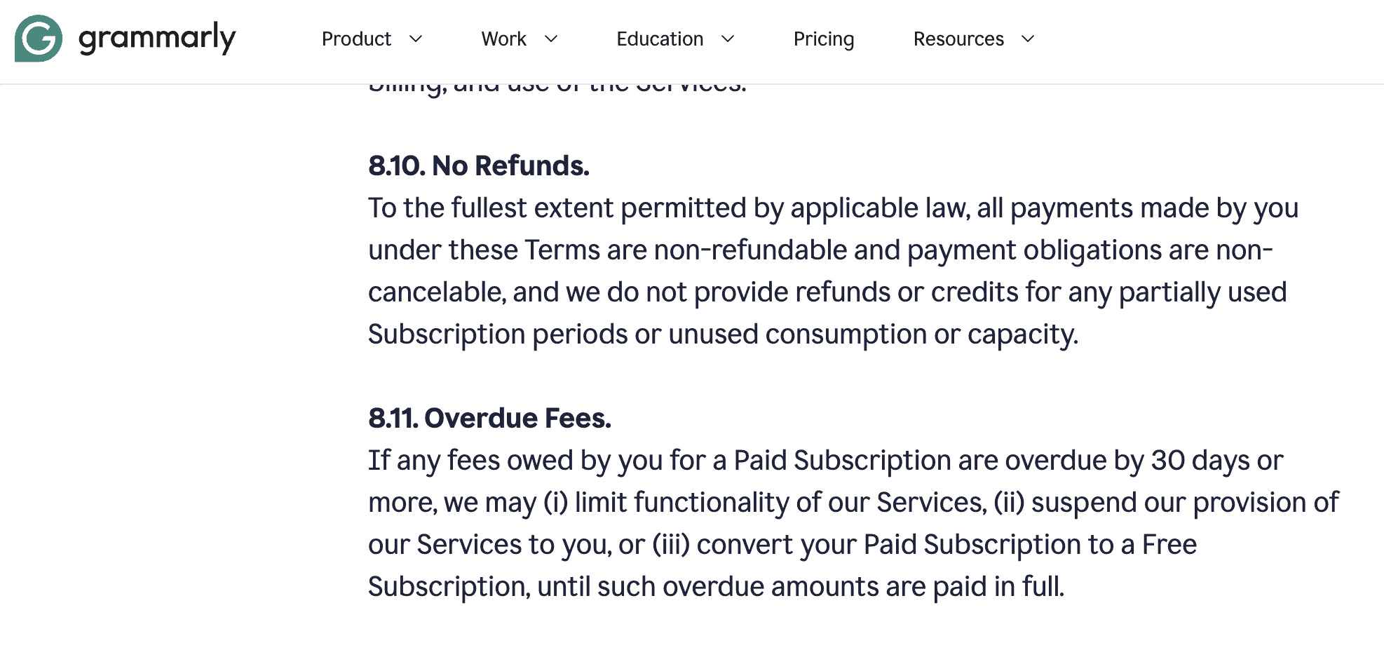 Grammarly no refund policy