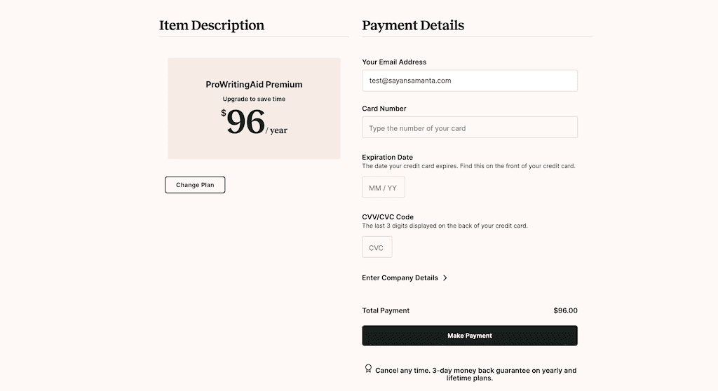ProWritingAid checkout page