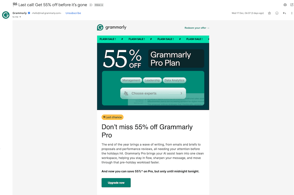 Grammarly Pro 55% discount on email 