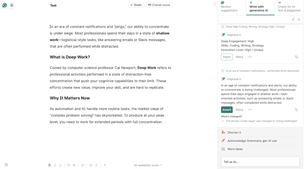 Grammarly editor demo article by using Generative AI