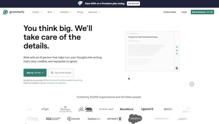 Grammarly homepage with 55% discount notice