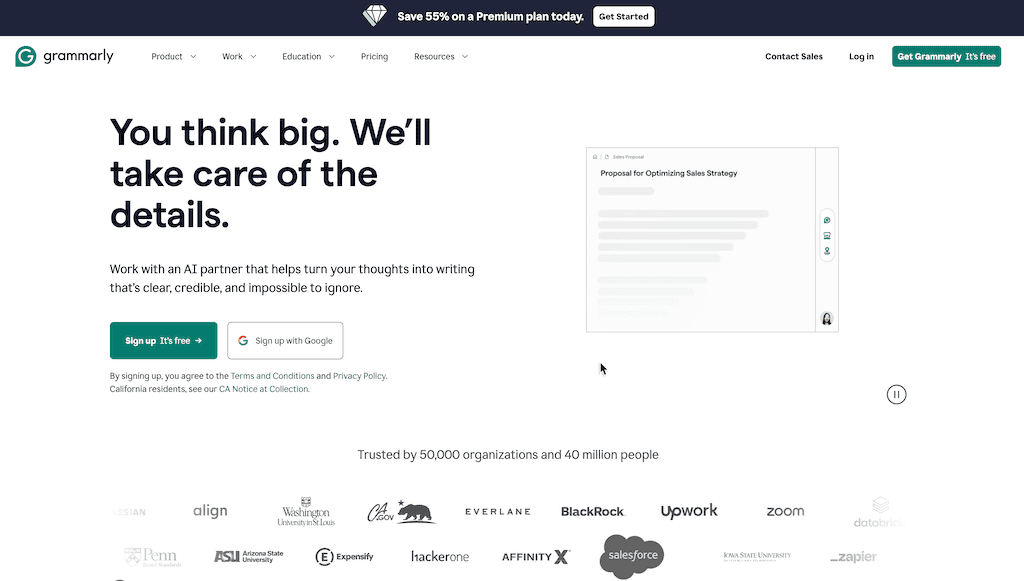 Grammarly homepage with 55% discount notice