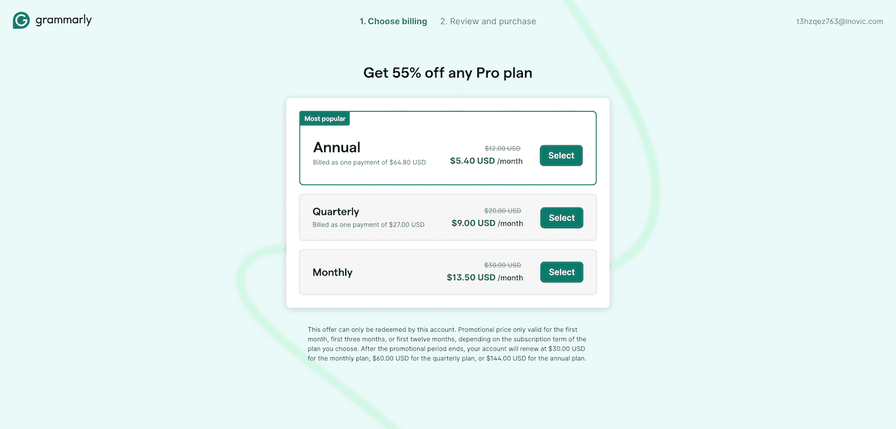 Grammarly pro billing page with 55 percent discount