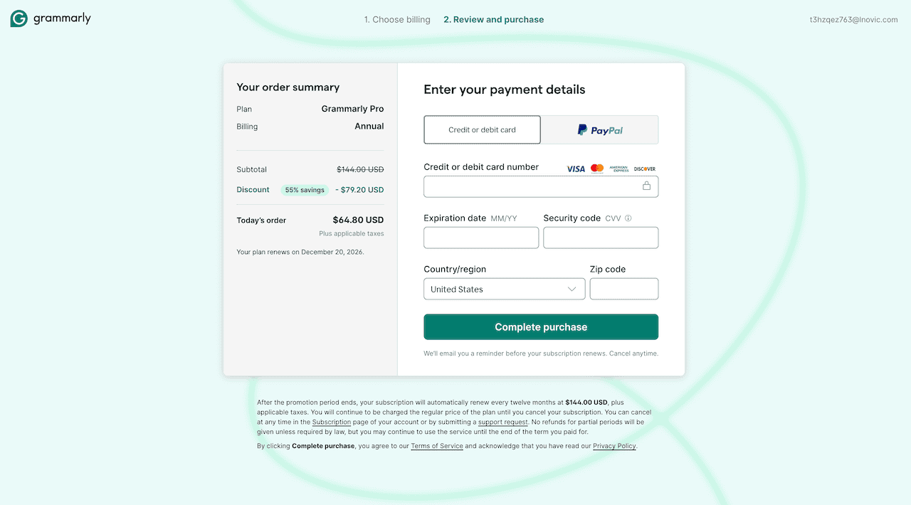 Grammarly pro checkout page with 55 percent discount