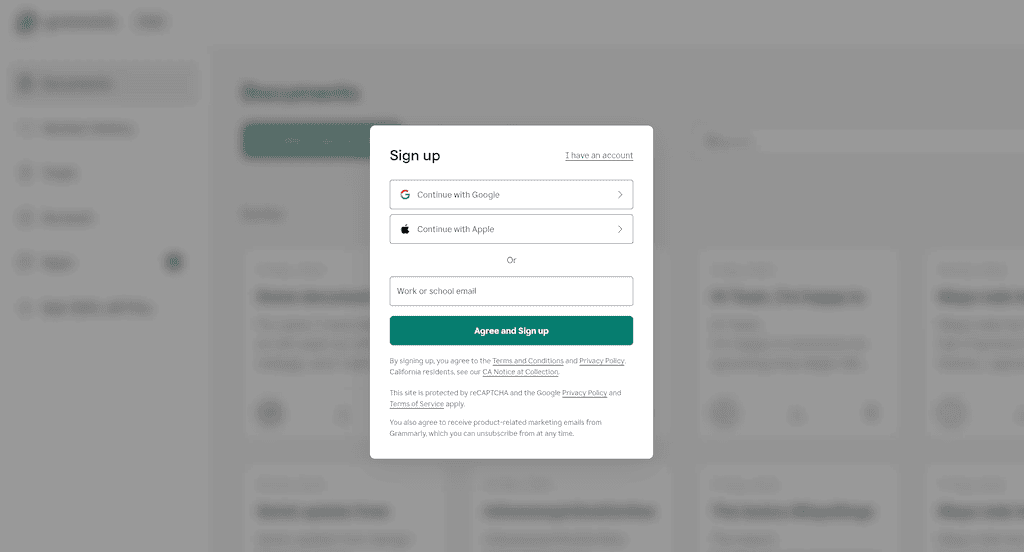 Grammarly sign up and login page