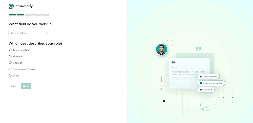 Grammarly skipable signup options