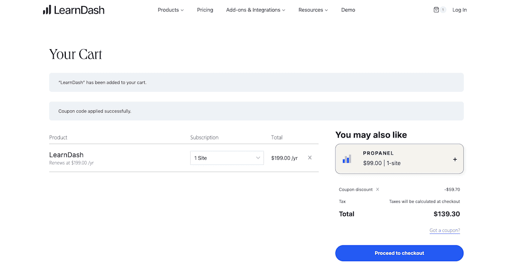 LearnDash checkout page where you can enter coupon code