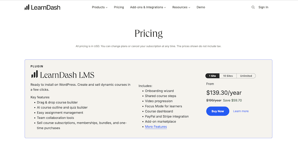 LearnDash LMS plugin 30% discount pricing for 1 site usages