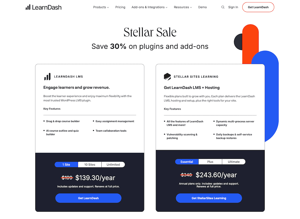 LearnDash pricing with 30% discount coupon applied