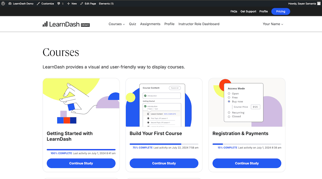 LearnDash Course Demo page, here you can see courses progress 