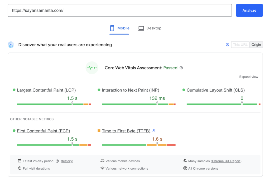 WP Rocket Core Web Vitals score on mobile