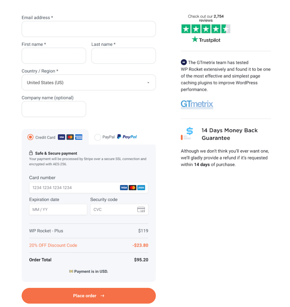 WP Rocket checkout page with a valid coupon code