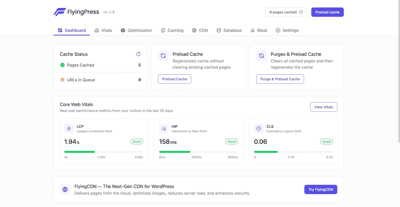 FlyingPress Dashboard showing cache status & Core Web Vitals data from visitors