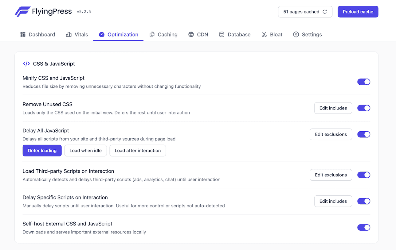 FlyingPress CSS & JS optimization settings
