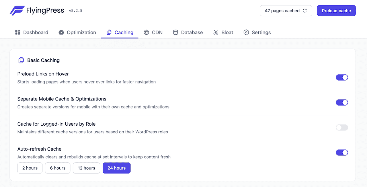 FlyingPress link preloading and cache settings