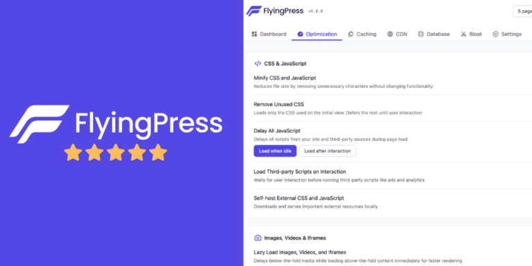 FlyingPress review feature image with 5star ratings