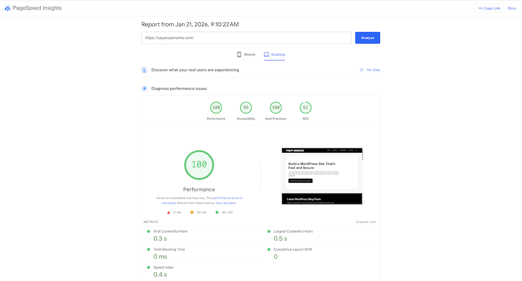 PageSpeed Insights score on Desktop