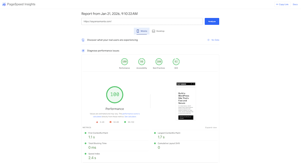 PageSpeed Insights score on Mobile
