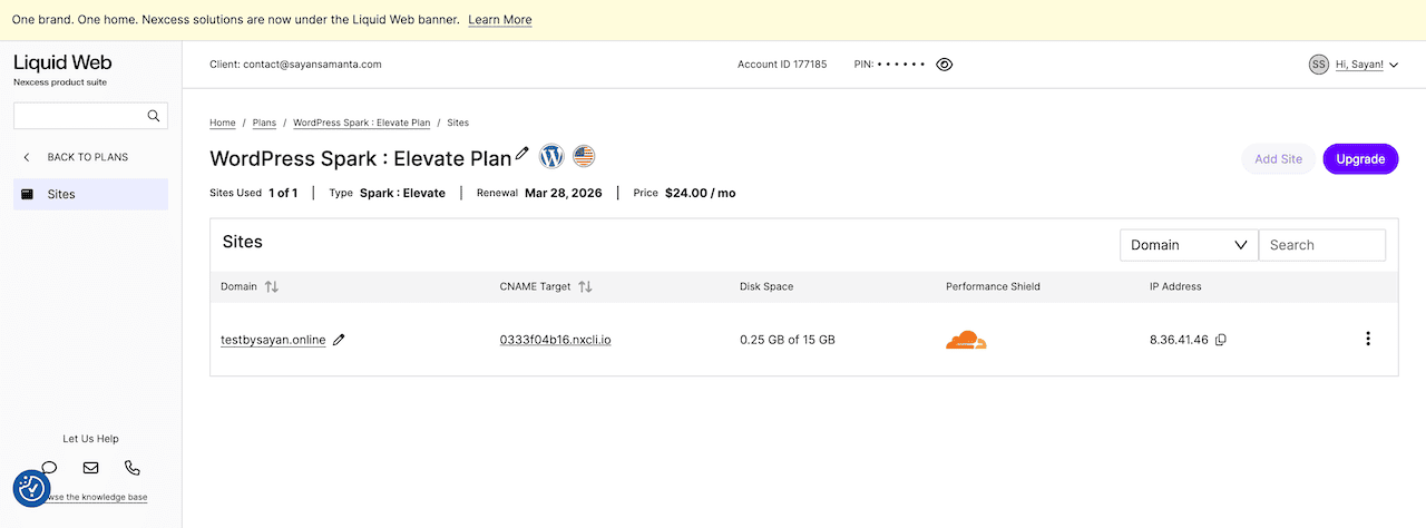 Liquid web WordPress hosting dashboard with Cloudflare performance shield