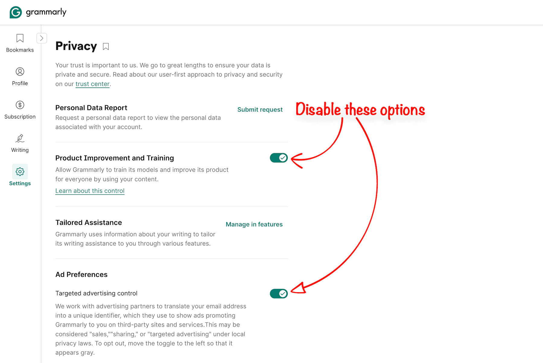 Grammarly Privacy settings