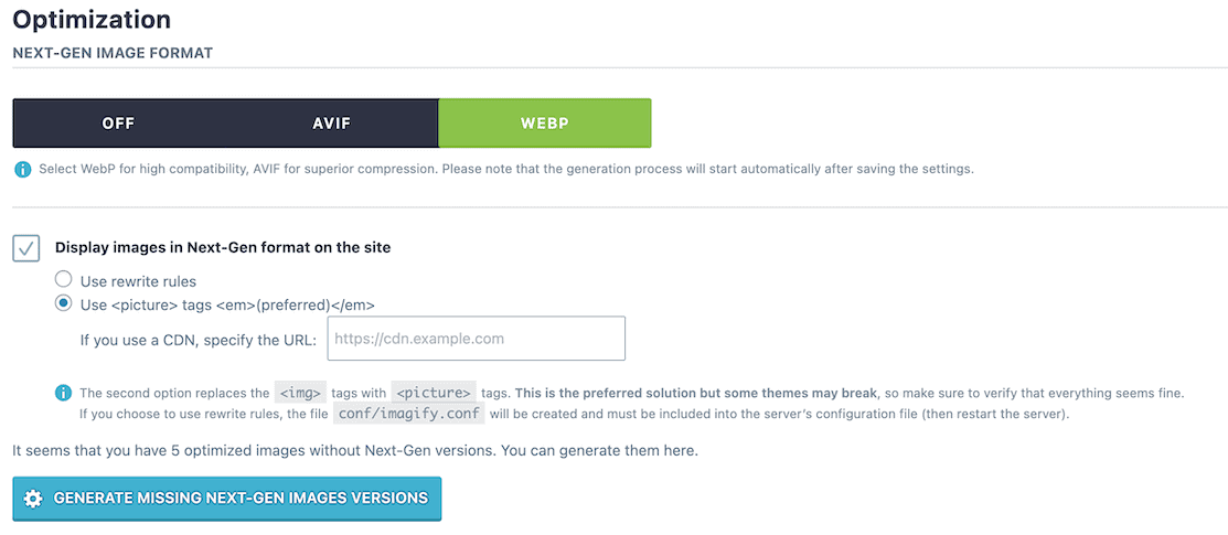 Imagify Next-Gen Format Conversion Settings