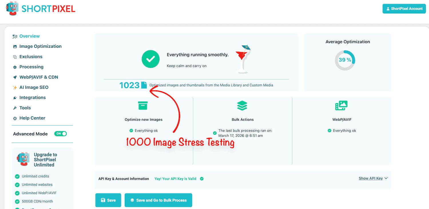 ShortPixel 1000 images stress testing dashboard