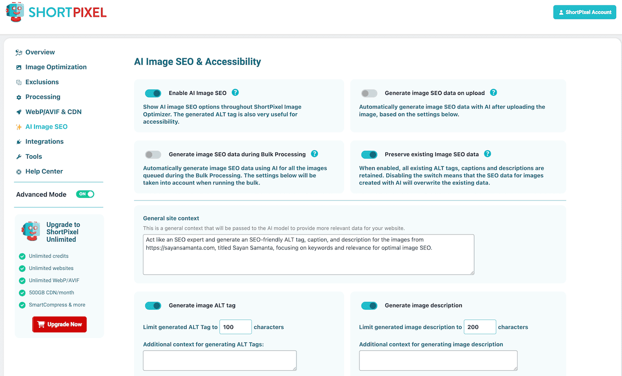 ShortPixel AI Image SEO settings