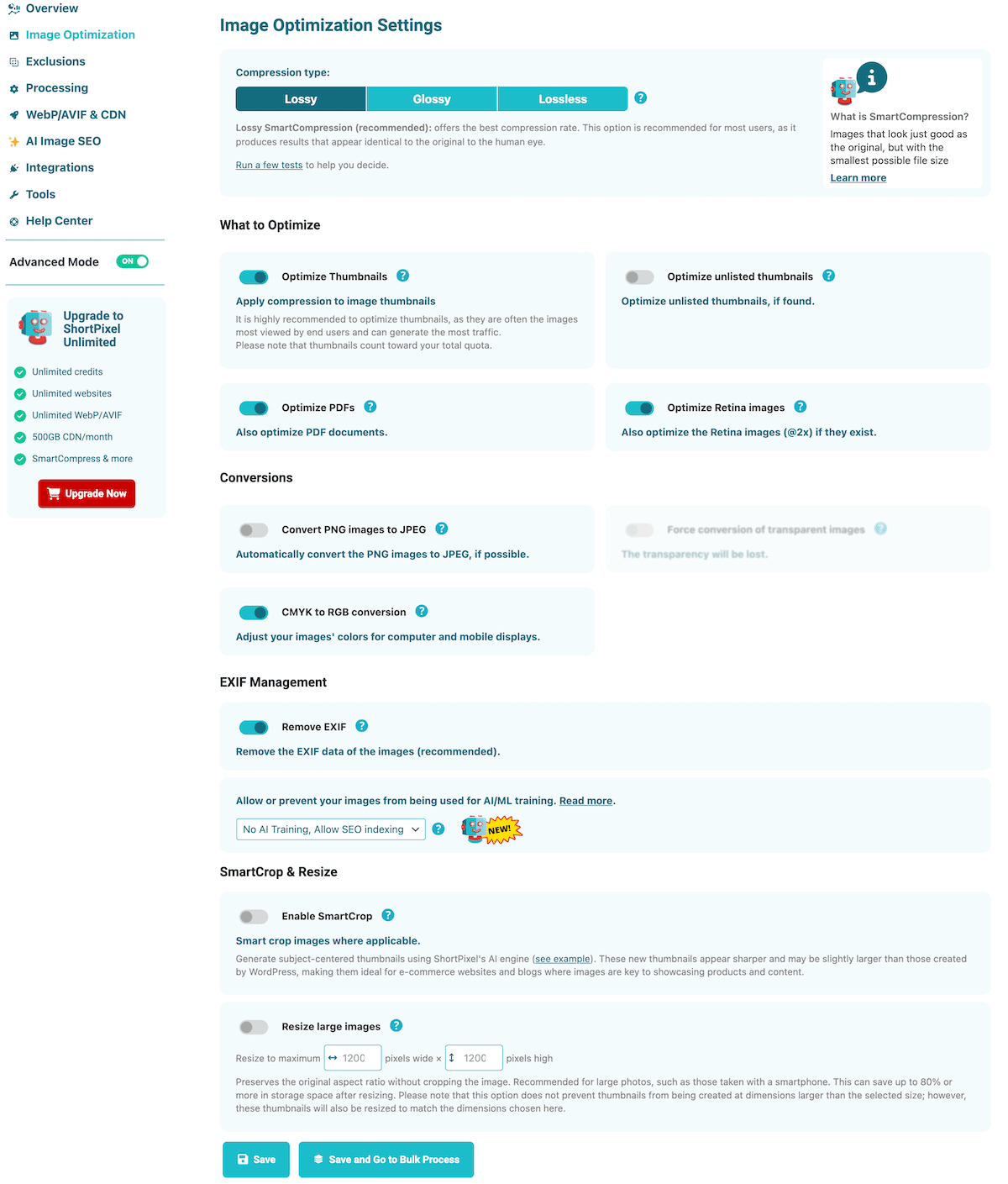 ShortPixel Image Optmization settings Dashboard