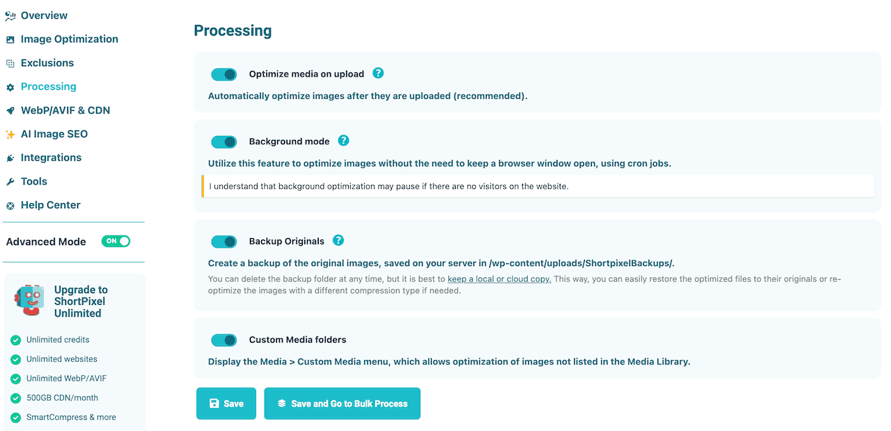 ShortPixel Processing Settings