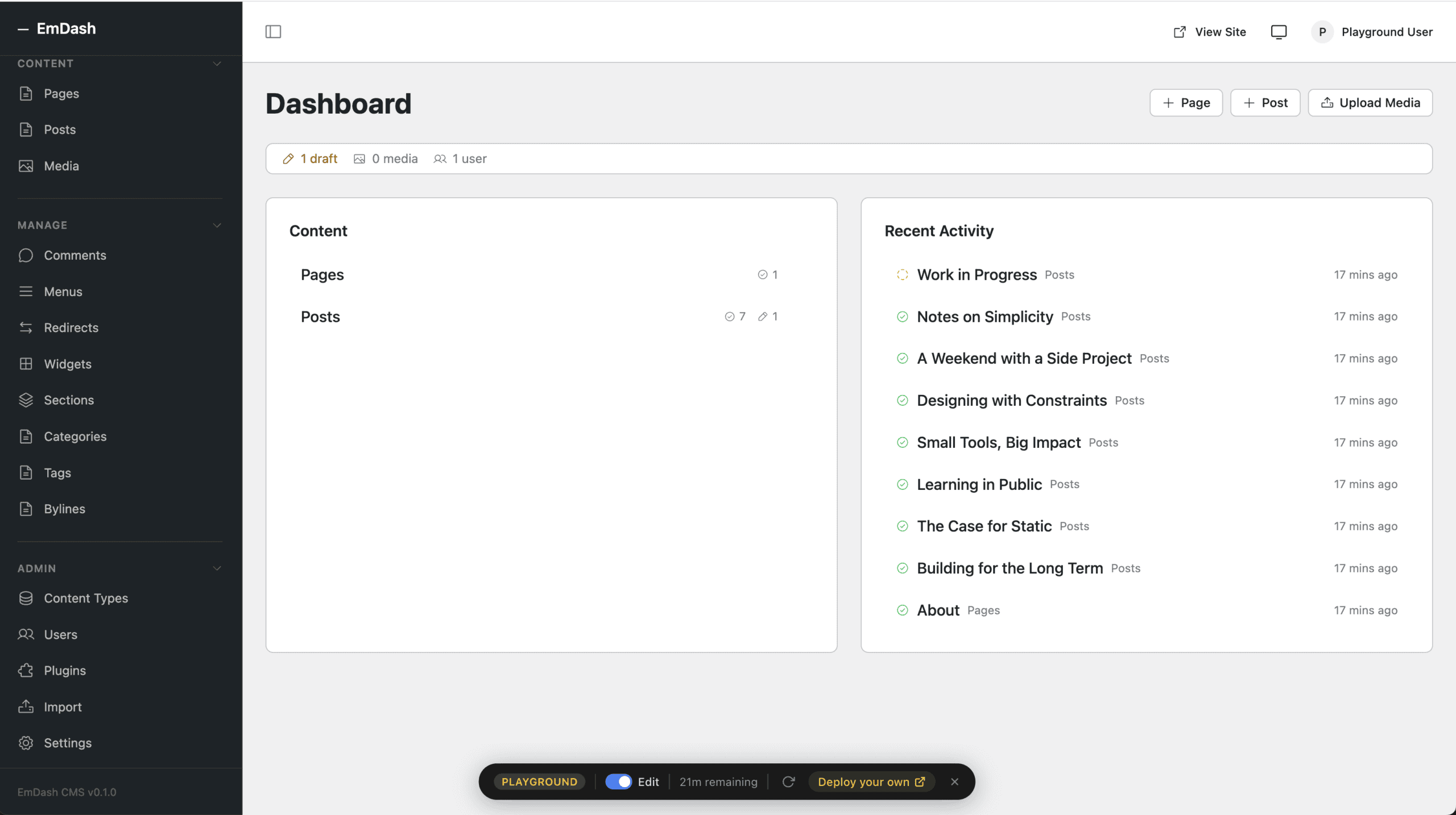EmDash playground dashboard