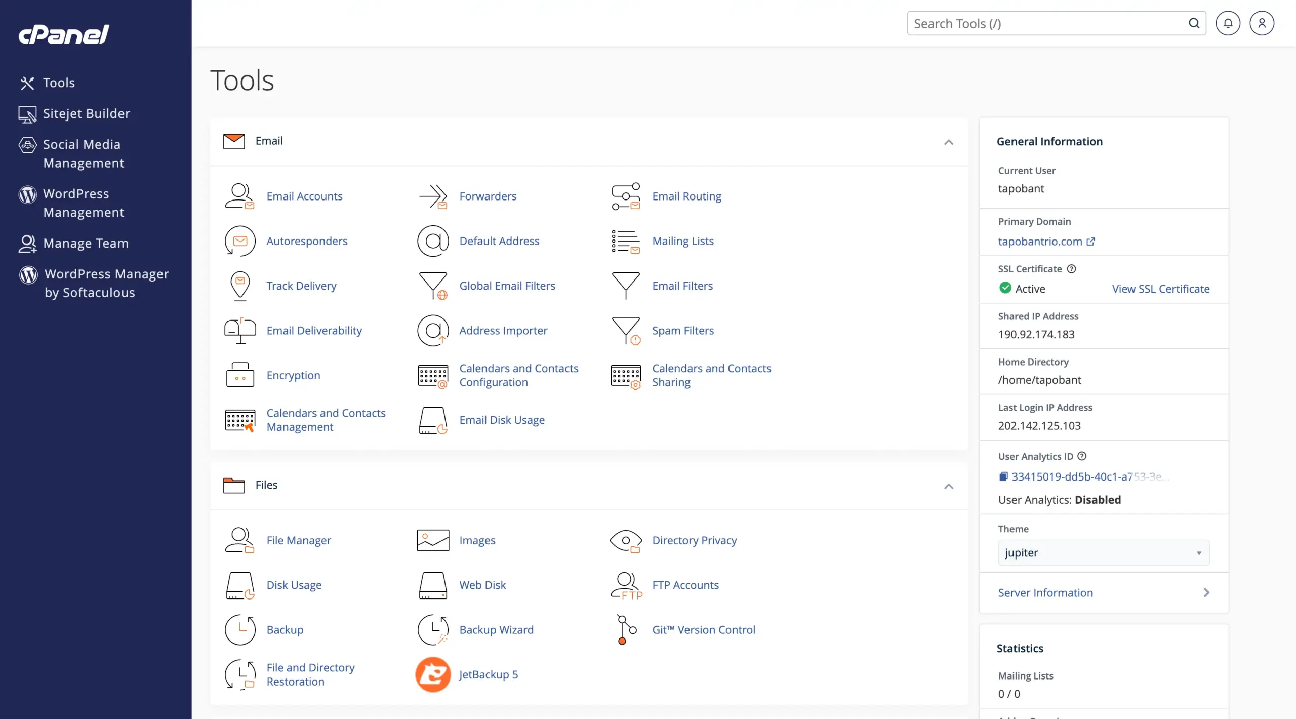 Hosting.com shared hosting cPanel dashboard